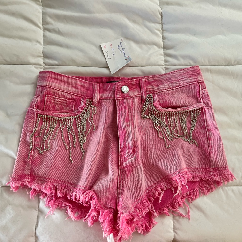 Hot pink rhinestone shorts cut off